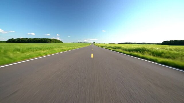 Long asphalt road with yellow lines through green fields under a clear blue sky