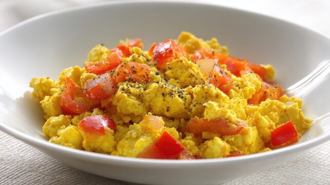 Savory Tofu Scramble with Turmeric and Tomato in a White Bowl