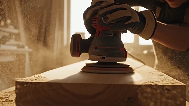 Orbital Sander Smoothing Wood in Workshop - A worker uses an electric orbital sander to smooth a wooden plank in a workshop, creating a cloud of golden sawdust.
