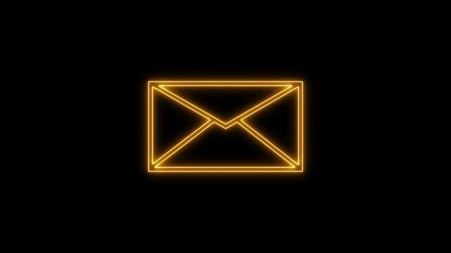 Neon orange color message icon animation on black background. Glowing neon mail envelope, incoming mail concept.