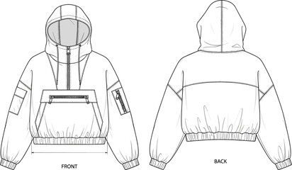 Cropped Hooded Jacket Front and Back View Mockup Template, Zipper Pocket Windbreaker Outline, Isolated Streetwear Apparel Vector Illustration © MSTMONIRA