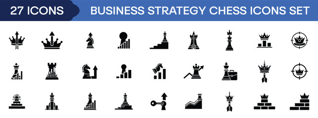 Business Strategy Chess Icon Set with King, Queen, Knight, Rook, Crown, Growth Chart and Leadership Success Concept for Corporate Planning and Management Silhouette Vector Collection © Mirza