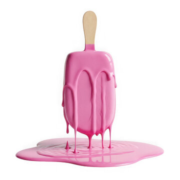 Melting pink ice cream popsicle with dripping ice, isolated on transparent background
