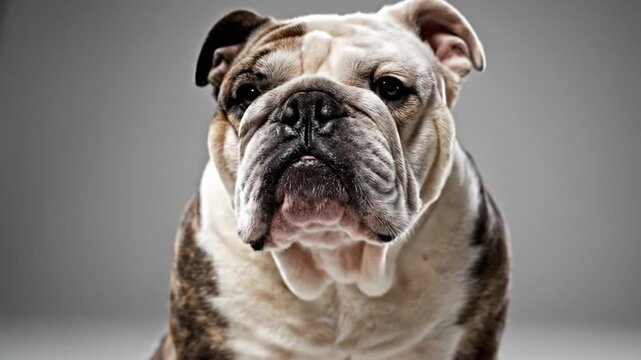 A frontal portrait showcases a bulldog with distinctive wrinkly face, short snout, and mottled fur