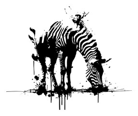 Artistic black and white zebra silhouette with creative ink blotches and paint drips © UrbanDruid