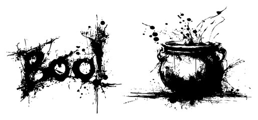 Halloween composition featuring Boo typography and a witch cauldron in black ink splatter style © UrbanDruid