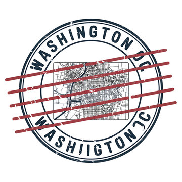 Vintage style circular stamp featuring a map of washington dc