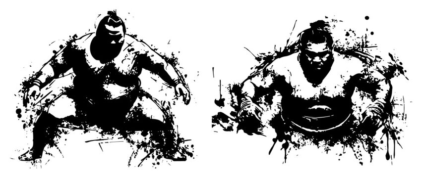Two Japanese sumo wrestlers in traditional poses rendered in dynamic black ink splatter technique