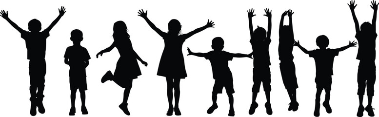 Children silhouettes jumping celebrating, joyful kids raising arms illustration, playful youth happiness icons, energetic childhood activity design, fun movement graphics, flat vector