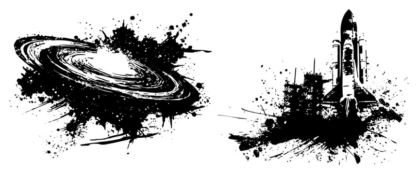 Black hole and space shuttle launch in grunge ink splatter vector style