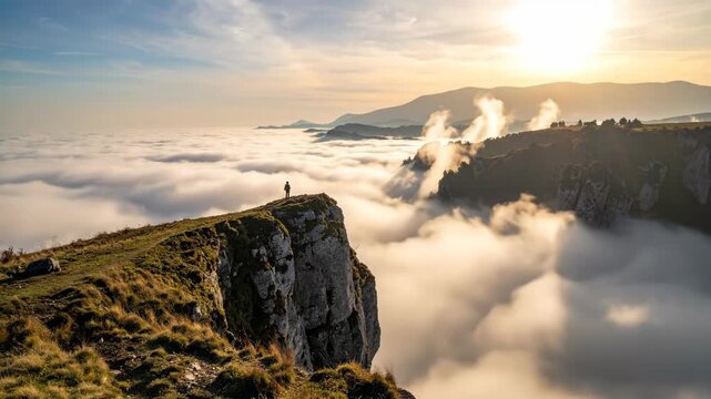 Majestic Cliffs Overlooking Cloudy Valley at Sunrise.