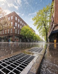 Low angle view of a storm drain on a wet city street during heavy rain. Urban rainy day scene with water flowing into sewer grate