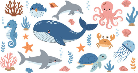 Fototapeta premium Vibrant Sea Creature Collection Featuring Cute Whale Octopus Sea Turtle and Marine Flora Illustrations
