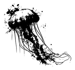 Stylized black ink silhouette of a jellyfish swimming with artistic splatters and tentacles © UrbanDruid