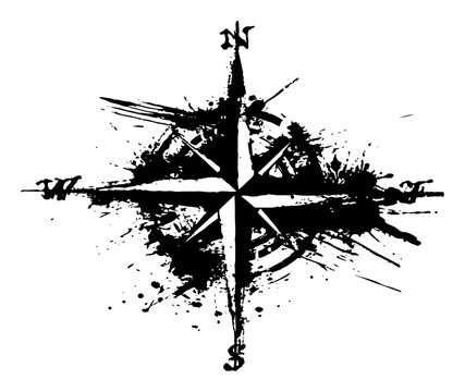 Vintage compass rose wind rose icon in decorative black ink splatter style