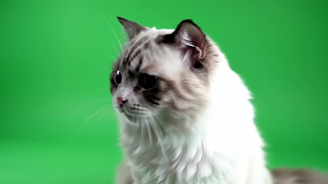 Fluffy White Cat on Green Screen - A close-up shot features a fluffy white domestic cat sitting patiently against a vibrant green screen background, ideal for digital compositing.