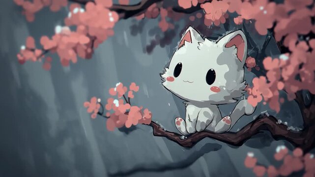 Cute cartoon animation of a white kitten sitting on a cherry blossom tree branch on a rainy day, capturing soft dreamy atmosphere and gentle spring mood.