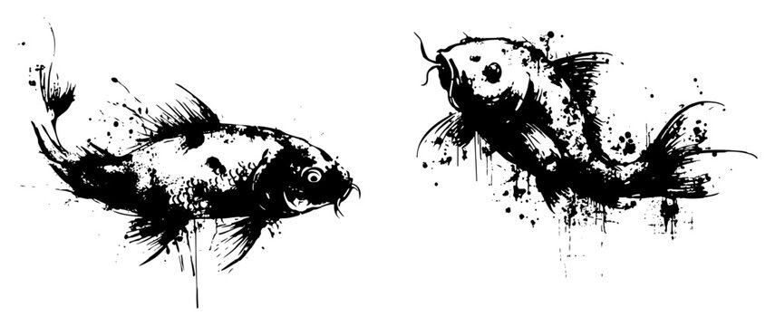 Pair of swimming koi fish in artistic grunge ink splatter style