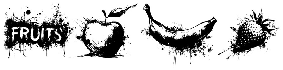 Set of artistic fruit silhouettes including apple banana and strawberry with ink splashes © UrbanDruid