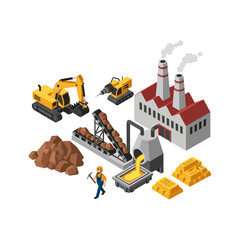 Isometric Gold Mining and Production Process with Heavy Machinery and Factory.
