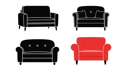 Four sofa illustrations black white and red variations displayed