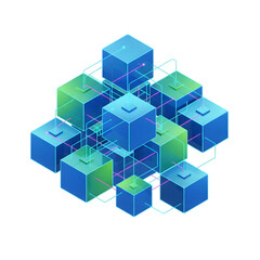 A 3d rendering of multiple blue and green cubes arranged in a cluster.