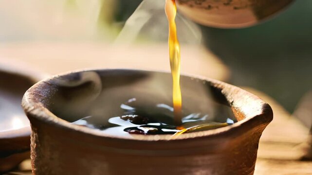 Close up pouring indian masala chai tea traditional hot beverage milk spice drink culture
