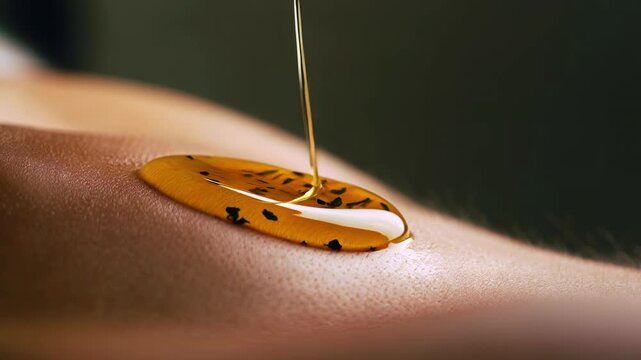 Warm ayurvedic herbal oil pouring human skin traditional indian massage therapy spiritual healing wellness relaxation alternative medicine health spa body care natural treatment holistic