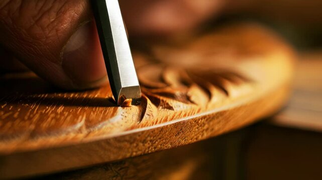 Artisan hands carving intricate floral pattern into fragrant sandalwood piece traditional indian craft woodworking skill sharp steel chisel handmade artistic heritage manufacturing