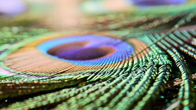 Beautiful vibrant green blue indian peacock feather colorful glowing natural texture exotic bird plumage wild nature animal wildlife background delicate organic pattern detail