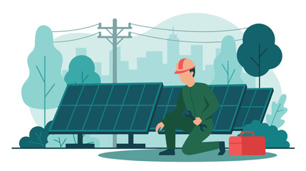 Obraz premium Engineer working on solar panels for renewable energy in urban setting