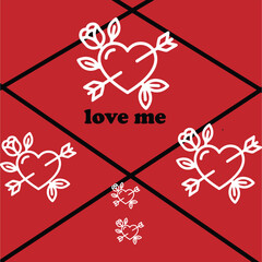 Romantic design featuring hearts and floral elements on a red background