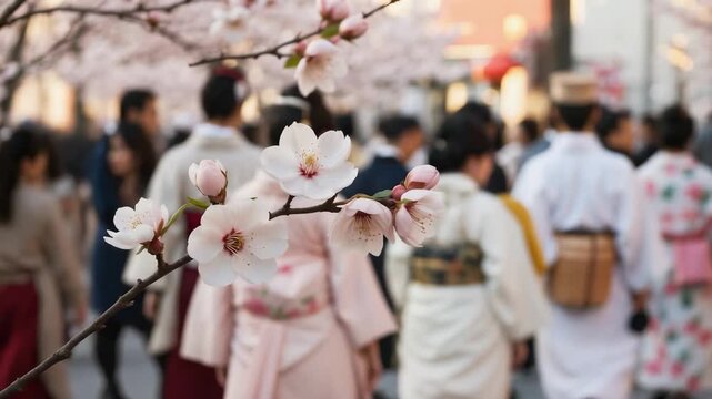 People walk under cherry blossom trees in a crowded street during hanami season in Japan