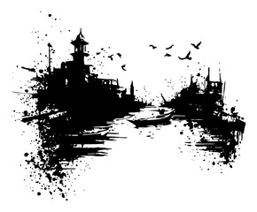 Naklejka premium Artistic silhouette of an ancient Indian city by the river with boats and birds