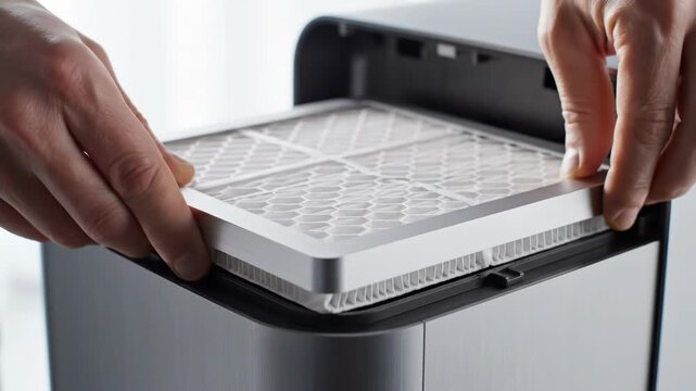 Hands installing a new clean air filter into a modern purifier. Home appliance maintenance for better indoor air quality. Health and technology concept