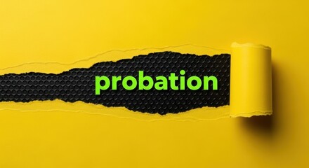 A torn paper roll revealing the word probation on a bright yellow background