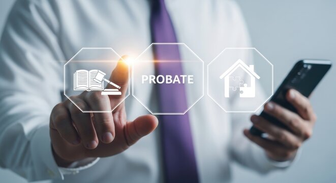 Professional using technology for property probate and home management on a smartphone.