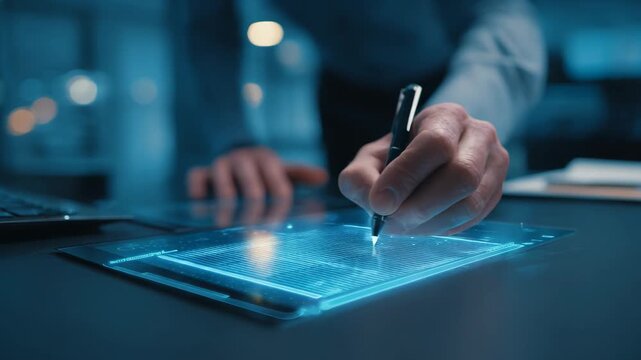 Medium shot of professional verifying digital contracts on blockchain to ensure legal document authenticity and secure identity validation.