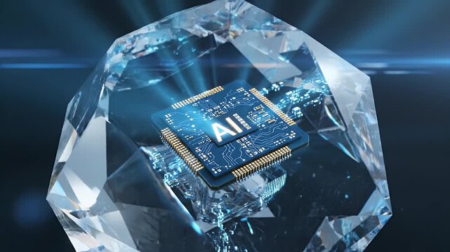 AI Chip in Crystal Structure - A close-up view of an AI chip with golden pins encased in a clear geometric crystal structure, illuminated by bright light beams.