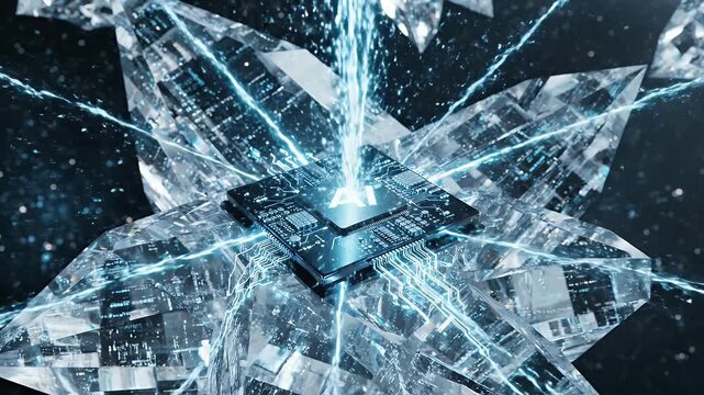 AI Chip Powering Crystal Structure - A glowing AI chip is centered atop a geometric crystal formation, with beams of light emanating from the chip's core.