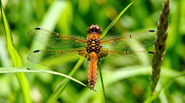 Close-up of a brown dragonfly resting on vibrant green leaves