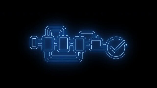 Neon blue line illustration of a circuit board with a checkmark on a black background with white space