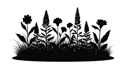 A striking black silhouette depicts a diverse array of wildflowers and grasses creating a natural garden scene silhouette high quality professional © GDSneha02