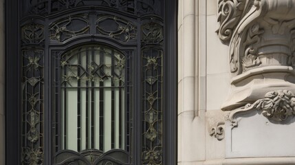 nouveau. An Art Nouveau style door with geometric and floral motifs next to ornate Baroque architecture. real-estate listings. 