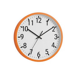 Vibrant orange clock face with black hands and numbers isolated on transparent background