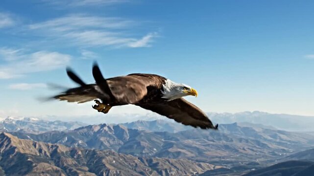 A majestic bald eagle soars through a bright blue sky above a vast mountain range