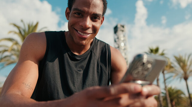 Happy Man Selfie Outdoors During Fitness Session