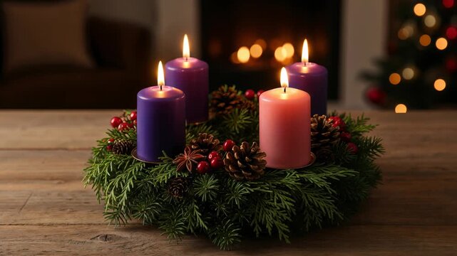 Advent wreath with four burning candles on wooden table symbolizing Christmas tradition faith and holiday celebration for greeting cards blogs websites and festive presentations