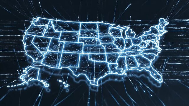 United States Network Technology Map - The video depicts a glowing neon outline of the United States map, illustrating interconnected networks and digital connectivity.