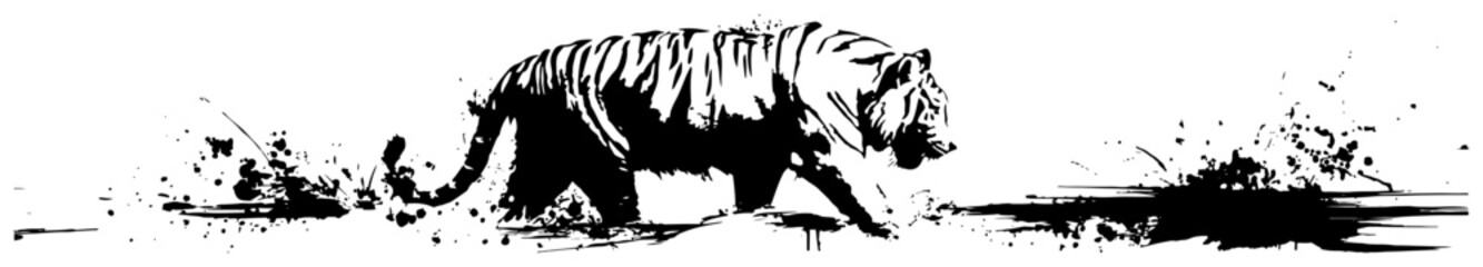 Majestic walking tiger silhouette with artistic black ink spray and grunge textures © UrbanDruid